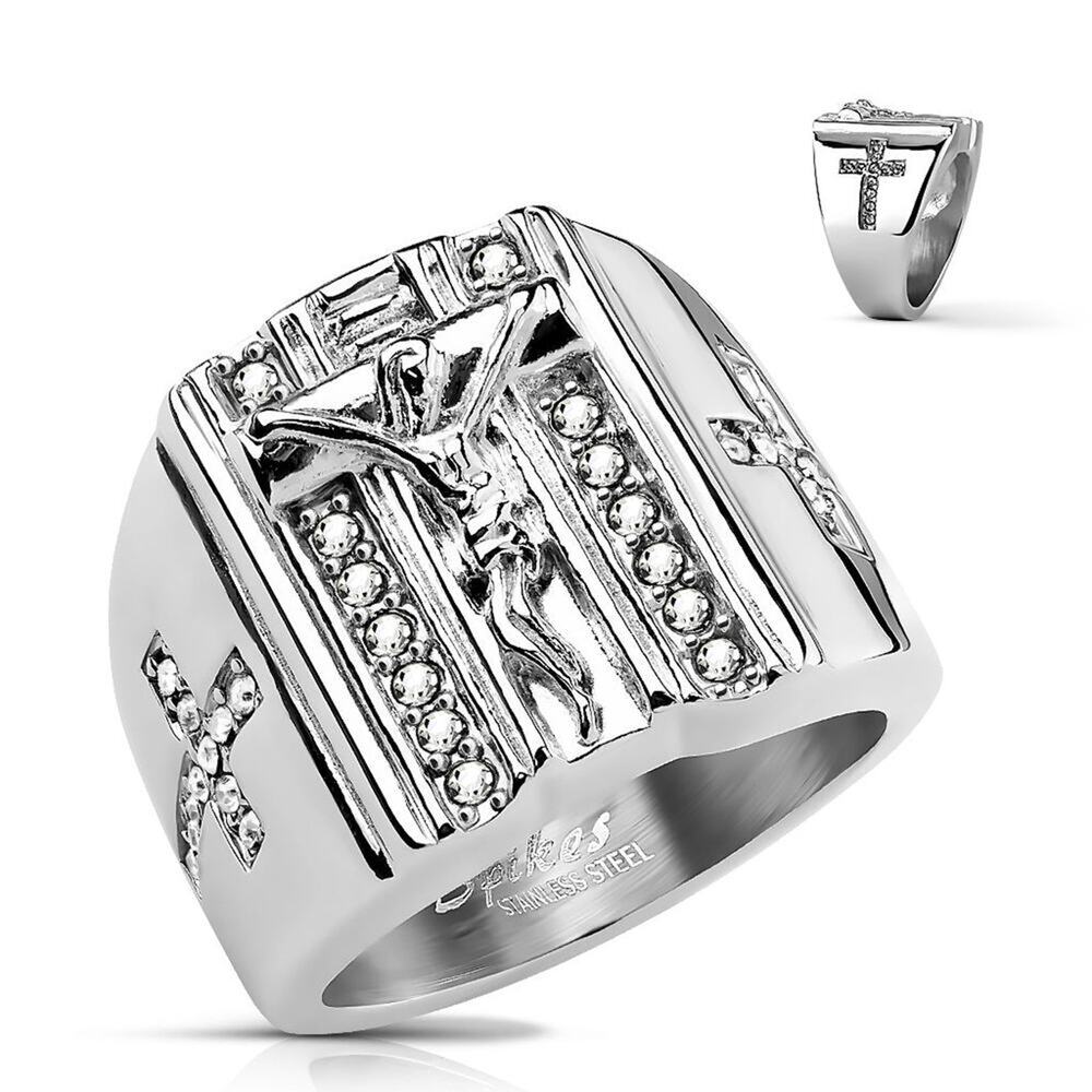 CZ Pave Cross Sides and Jesus on the Cross Stainless Steel Ring size 13